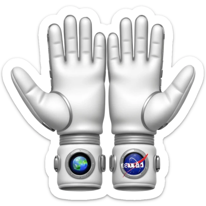 white pressurized astronaut gloves with metal wrist rings floating in space, 3D emoji style sticker