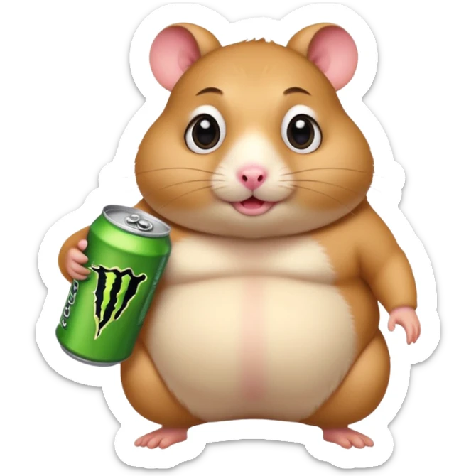 Funny cartoon-style fat hamster with big wide eyes  holding a can of monster energy in one hand and redbull in the other hand sticker