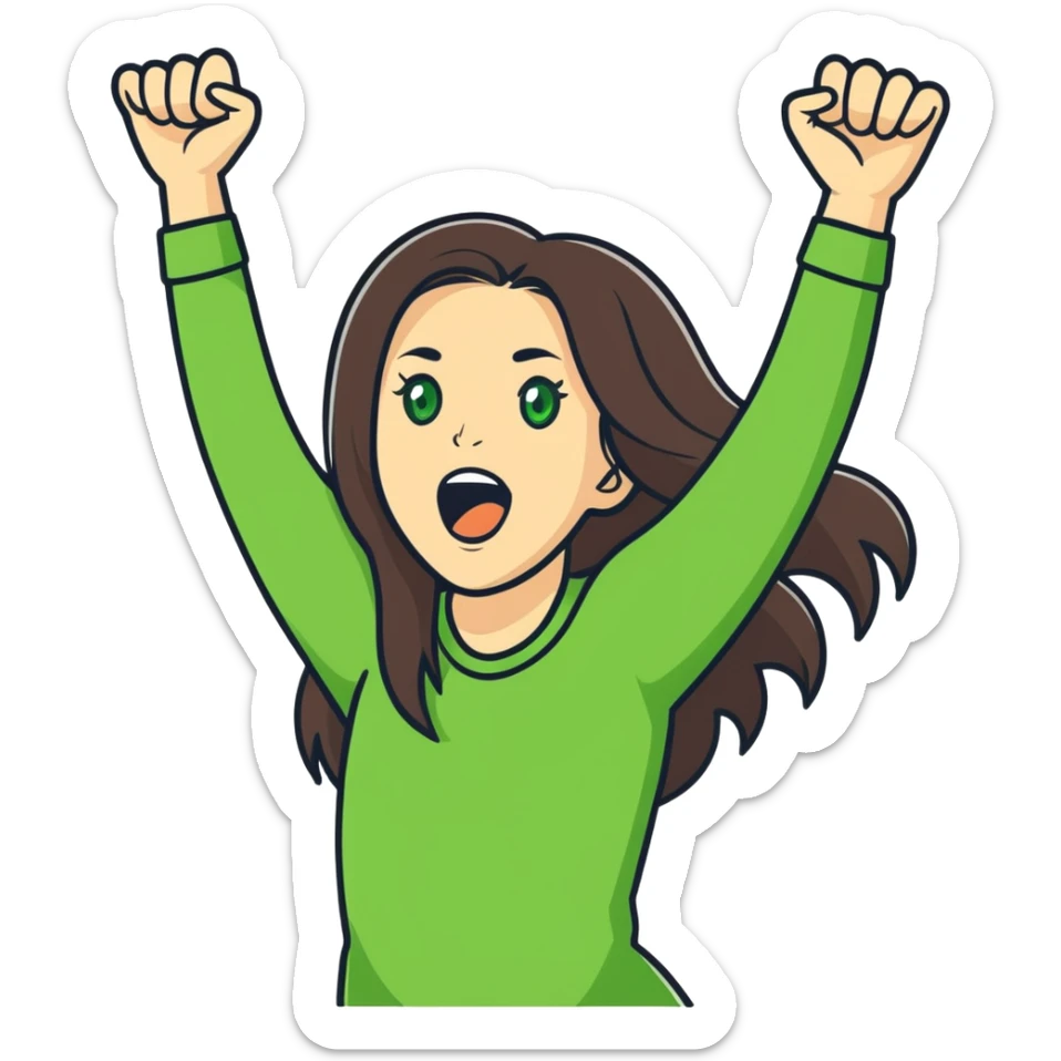 white girl, long brunette hair, green eyes screams with delight and rejoices in victory sticker