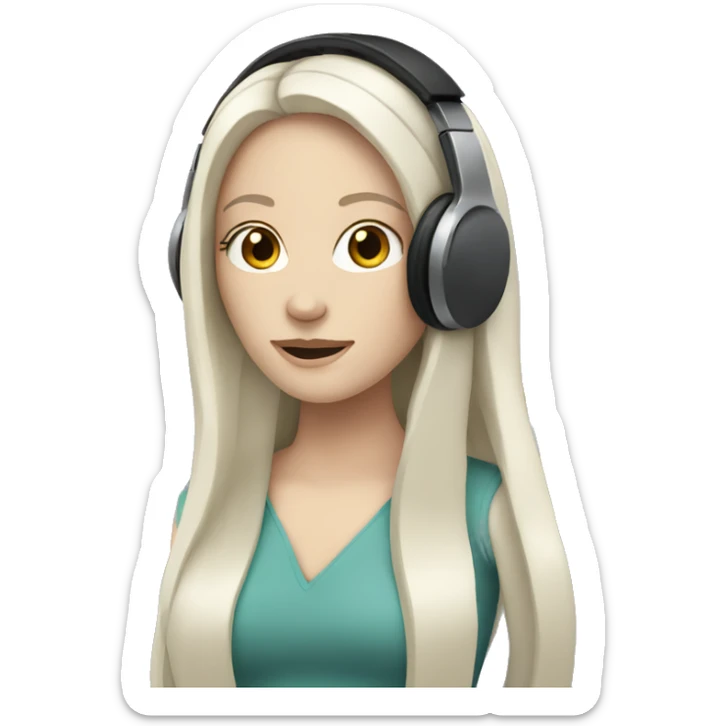 Pale white woman with long black hair wearing headphones sticker