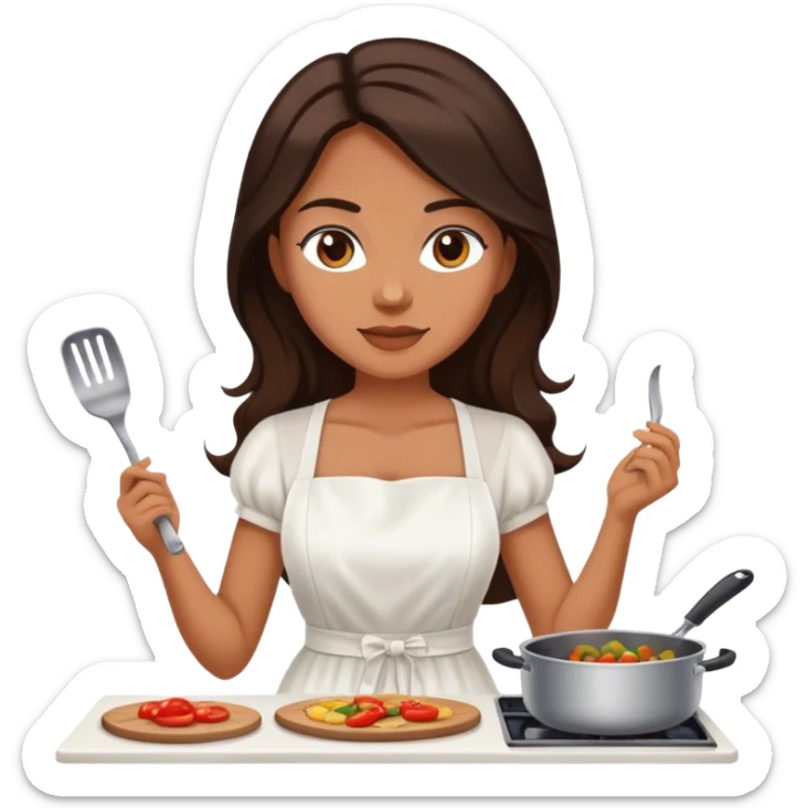 Beautiful woman in 1950’s woman fashion look, white dress, long dark brown hair, cooking sticker