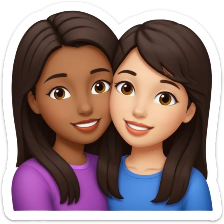 A girl kisses her friend The girls' hair color is dark brown. With wheatish skin  sticker