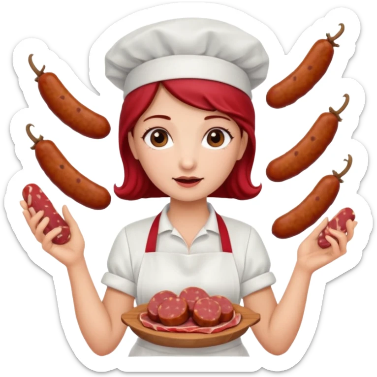 Charcutera con un chorizo y embutido en la mano con una redecilla en el pelo y delantal blanco y añade mucha carne alrededor sticker