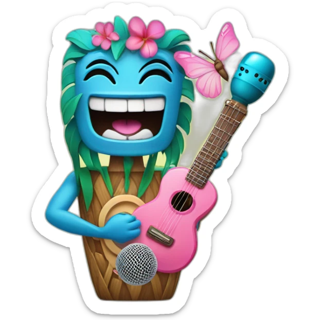 Cartoon Blue and pink tiki singing with butterfly and in the mikrophone sticker