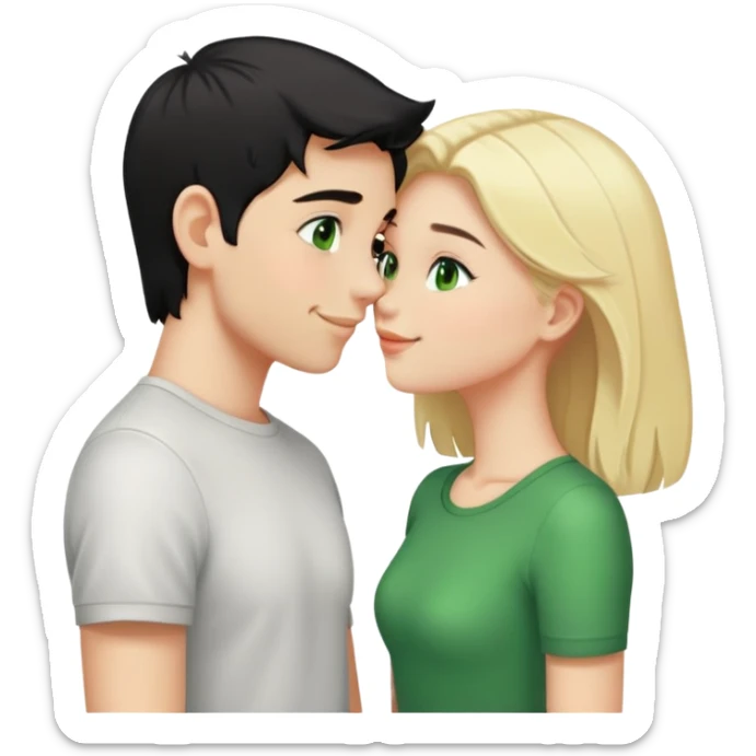 Smiling kissing couple of boy with short black hair and green eyes and blonde girl with long hair sticker