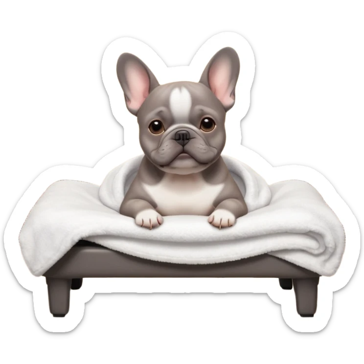 A gray French Bulldog lying relaxed on a professional massage table in a cozy spa room. Soft warm lighting, clean interior, gentle towels, peaceful atmosphere, detailed high-quality render, cute facial expression, realistic fur texture. sticker