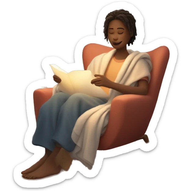 An image of a person relaxing on a comfy chair with a blanket, a cup of tea, and soft lighting, creating a peaceful atmosphere sticker