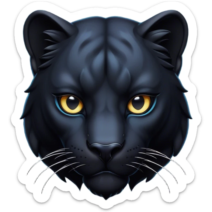 Cinematic Noble Panther Portrait Emoji, Poised and regal, with a sleek, muscular build draped in glossy, midnight-black fur and piercing, luminescent eyes, Simplified yet sharp and sophisticated features, highly detailed, glowing with a soft, mysterious glow, high shine, intelligent and enigmatic, stylized with an air of stealthy authority, focused and commanding, soft glowing outline, capturing the essence of a watchful and confident jungle guardian that appears ready to prowl out of the screen with effortless authority! sticker