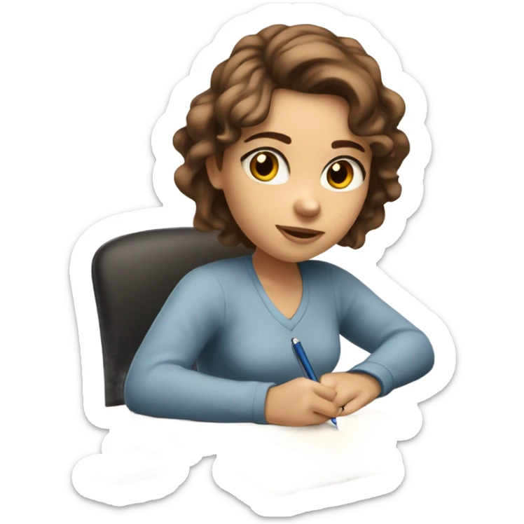 White Smart brown hair girl with blue eyes and light skin doing Homework on a desk writing on a piece of paper  sticker