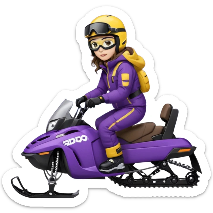 Brown, long wavy hair, ski-doo jacket and pants ski doo boots helmet and goggles, dark purple sled Sitting on dark purple snowmobile goggles and helmet not covering my face brown eyes white skin sticker