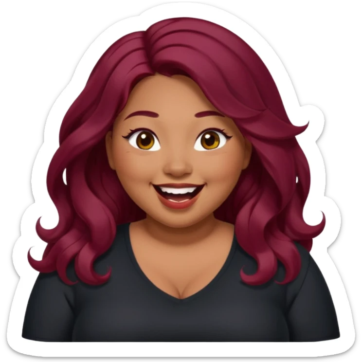Plus size red hair brown face small eyes long hair Asian eyes small eyes wavy hair eye lashes burgundy hair black shirt laughing small slanted eyes sticker