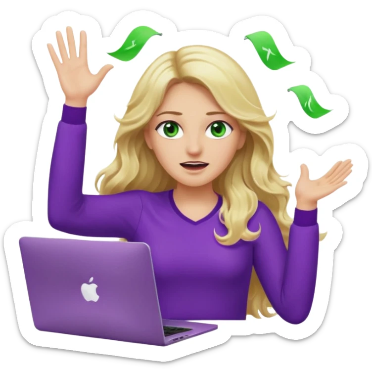 lady with long wavy blonde hair, purple top, green eyes, throwing her with a purple mac laptop hands in the air crying sticker
