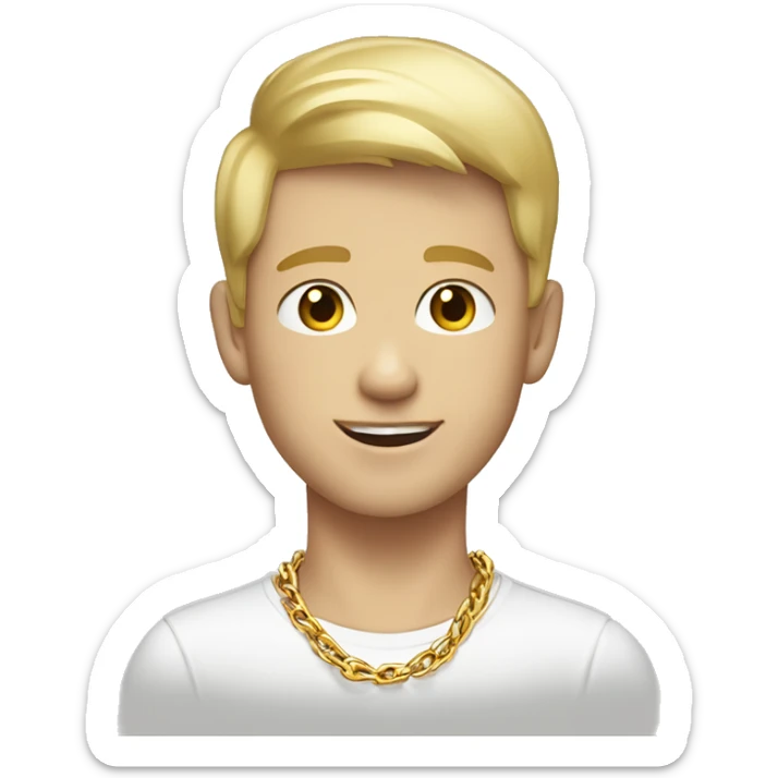 “Create an emoji-style character of a young white boy with short blonde hair, wearing gold chains around his neck. The design should have a modern, trendy, and vibrant aesthetic, suitable for use as an expressive emoji.” sticker