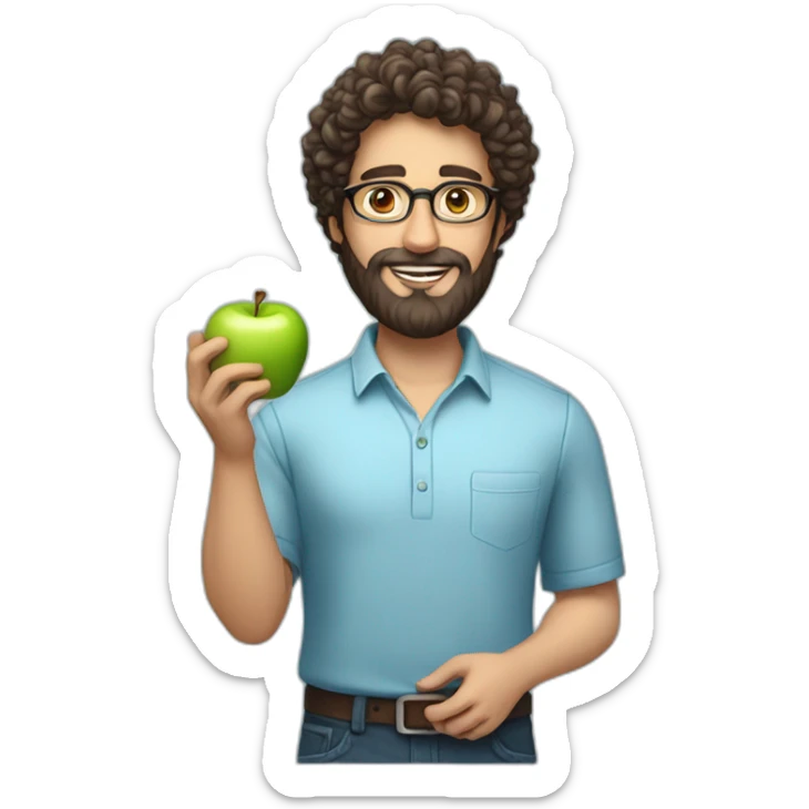 A male nutritionist with a full beard and dark, curly hair and white skin, wearing glasses, holding an apple in his hand. Who has a light blue shirt on. sticker