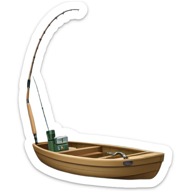 Icon for Fishing: a boat on the shore of a serene lake, including trees and water, with a scenic natural background, a fishing rod and tackle box. The icon should represent the peacefulness of fishing. Transparent background, no border. sticker