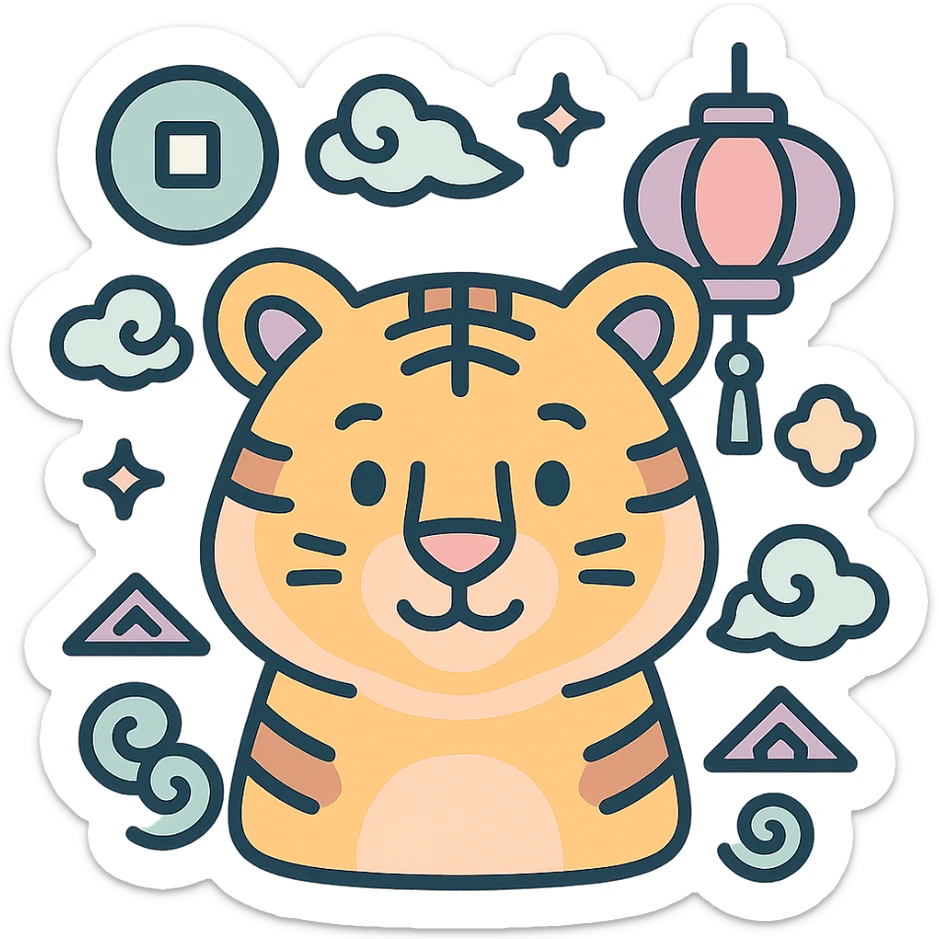tiger, symbol of the year in feng shui, Chinese style, thin clean outlines, soft rounded shapes, pastel palette #98B5BC, #B5B3C1, #C9A3C9, #E4C0CA, #F7DCD1, #F7C0AA, modern Japanese pop art and sticker aesthetics, detailed shadows and highlights, soft lighting, transparent background, with Chinese decor (coins, lanterns, clouds, patterns) sticker