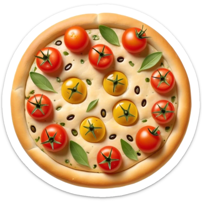 cinematic-realistic-focaccia-bread-dish-emoji,-depicted-as-a-golden,-olive-oil-brushed-flatbread-sprinkled-with-herbs-rendered-with-lifelike-texture-and-soft,-appetizing-lighting showing olives on top and the cherry tomatoes sticker