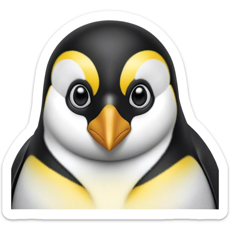 Cinematic Noble Emperor Penguin Portrait Emoji, Poised and regal, standing proudly on icy terrain with crisp black and white plumage and determined, deep-set eyes, Simplified yet sharp and sophisticated features, highly detailed, glowing with a soft, dignified polar glow, high shine, intelligent and stalwart, stylized with an air of imperial command, focused and resolute, soft glowing outline, capturing the essence of a watchful and confident arctic guardian that feels as though it could waddle out of the screen with effortless authority! sticker
