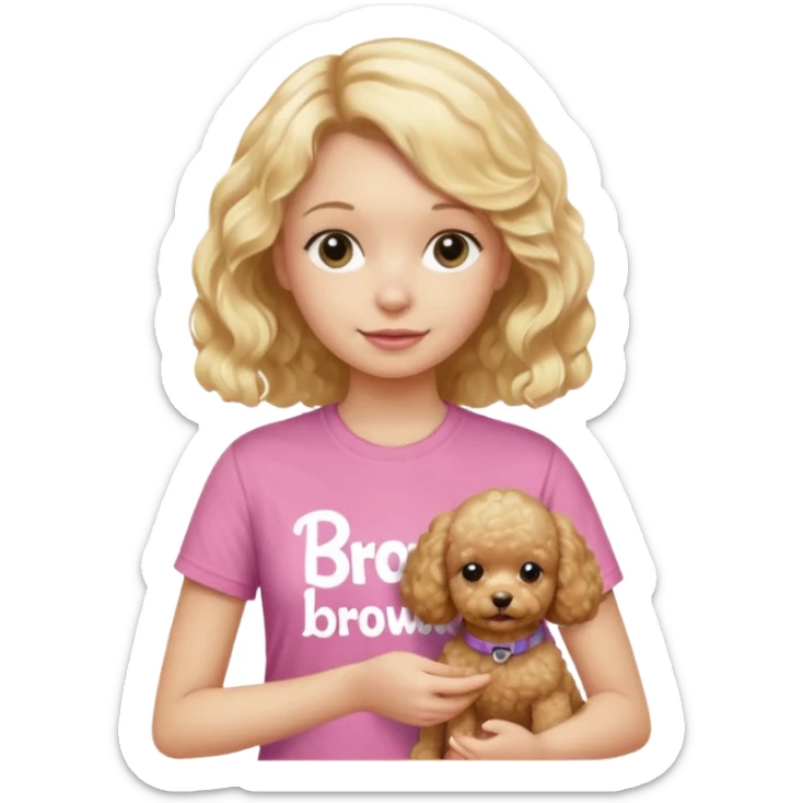 hazme un emoji que sea una niña rubi con el pelo ondulado i una camiseta rosa que ponga brownie, i acariciando a un perro (caniche toy) sticker