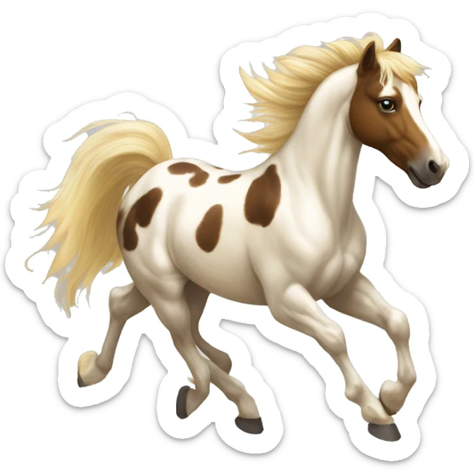 Scruffy Piebald tricolor palomino yellow brown pony with dark brown spots galloping running sticker