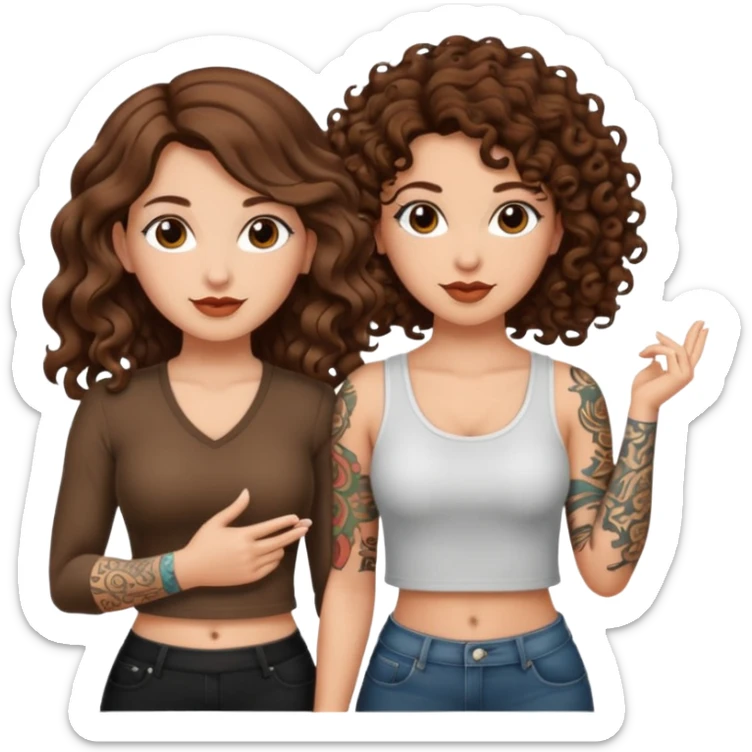 success scroll — long wavy brown hair tattooed woman and short tight curly brown hair woman — proud pose sticker