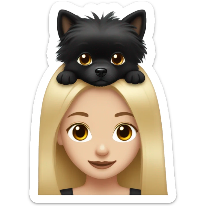 brown eyes blond girl petting black pomeranian with a white nose  sticker
