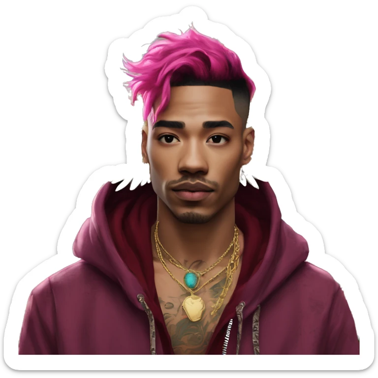 Vintage patina intricate swirls gold jewellery baroque raven wings angel tropical Deep pink maroon burgundy cyan dark hoodie man vitiligo dyed hair gold piercings nose piercing ear piercings sticker