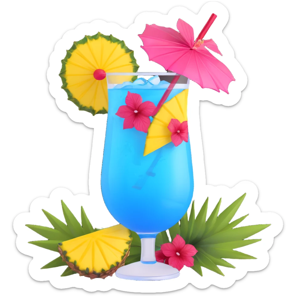 vibrant tropical fruity blue cocktail with hibiscus, pineapple slice, and paper umbrella garnish sticker