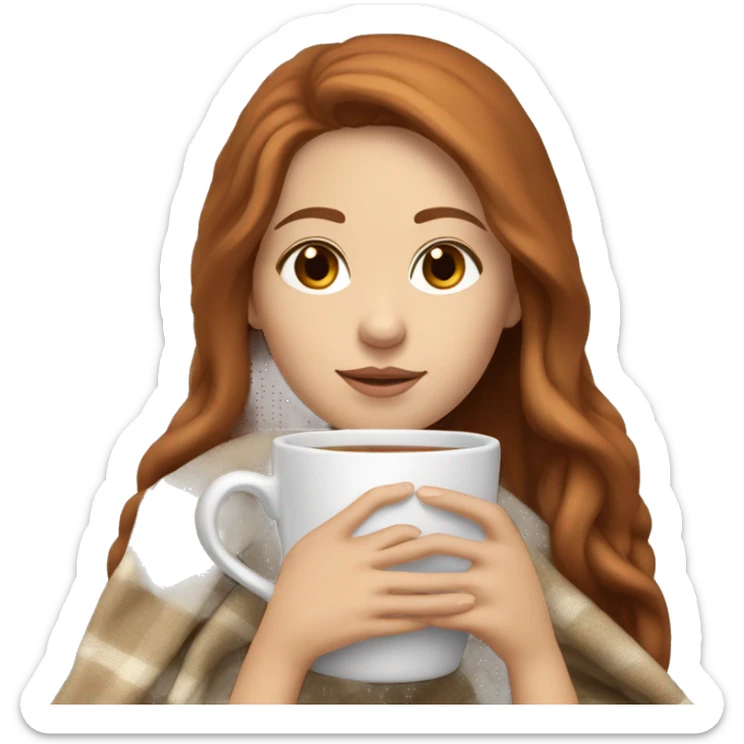 white girl with reddish brown long hair and brown eyes with blanket wrapped about shoulders and sipping tea sticker