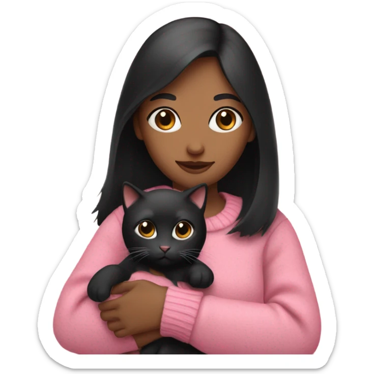 A girl with black hair holding a cat with a pink sweater sticker