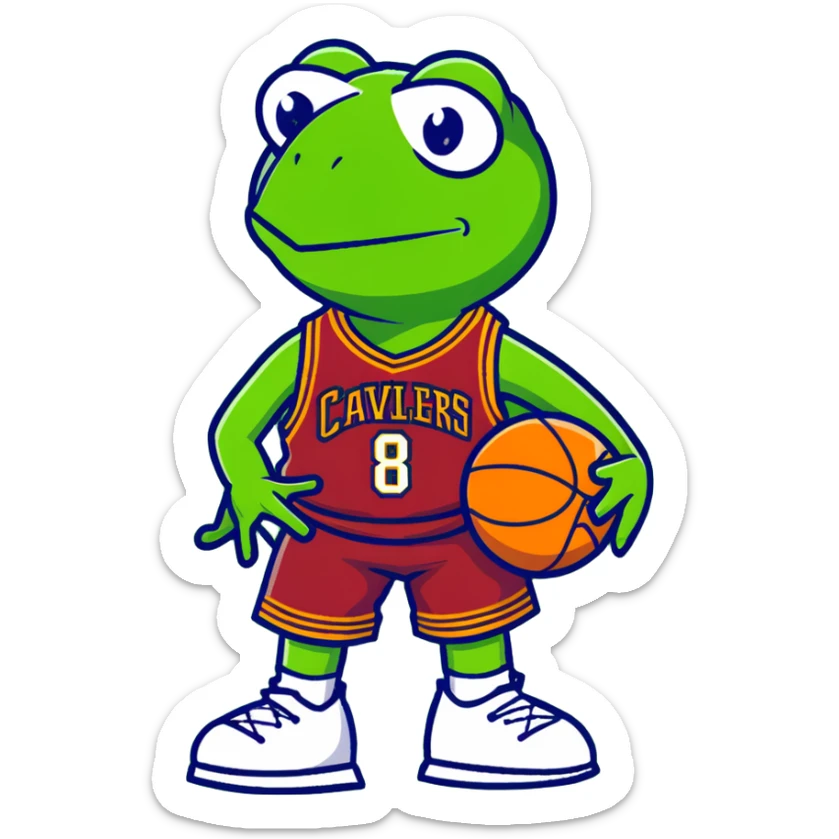 Kermit the Frog wearing a Cleveland Cavaliers #8 basketball jersey, cartoon style sticker