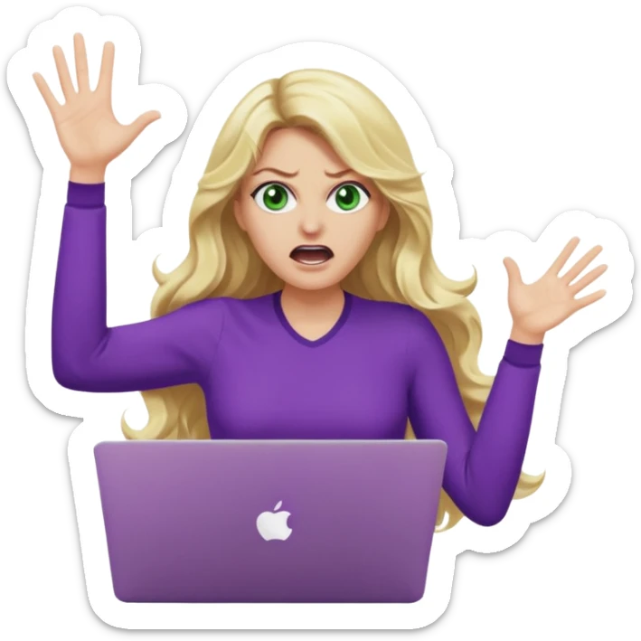 lady with long wavy blonde hair, purple top, green eyes, throwing her with a purple mac laptop hands in the air screaming, looking angry sticker
