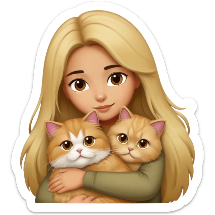 olive skin girl with long brown hair, hugging an fluffy blonde persian cat sticker