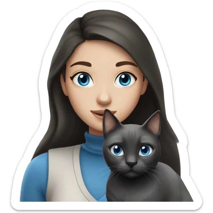 brunette girl with freckles and blue eyes with a grey and black cat sticker