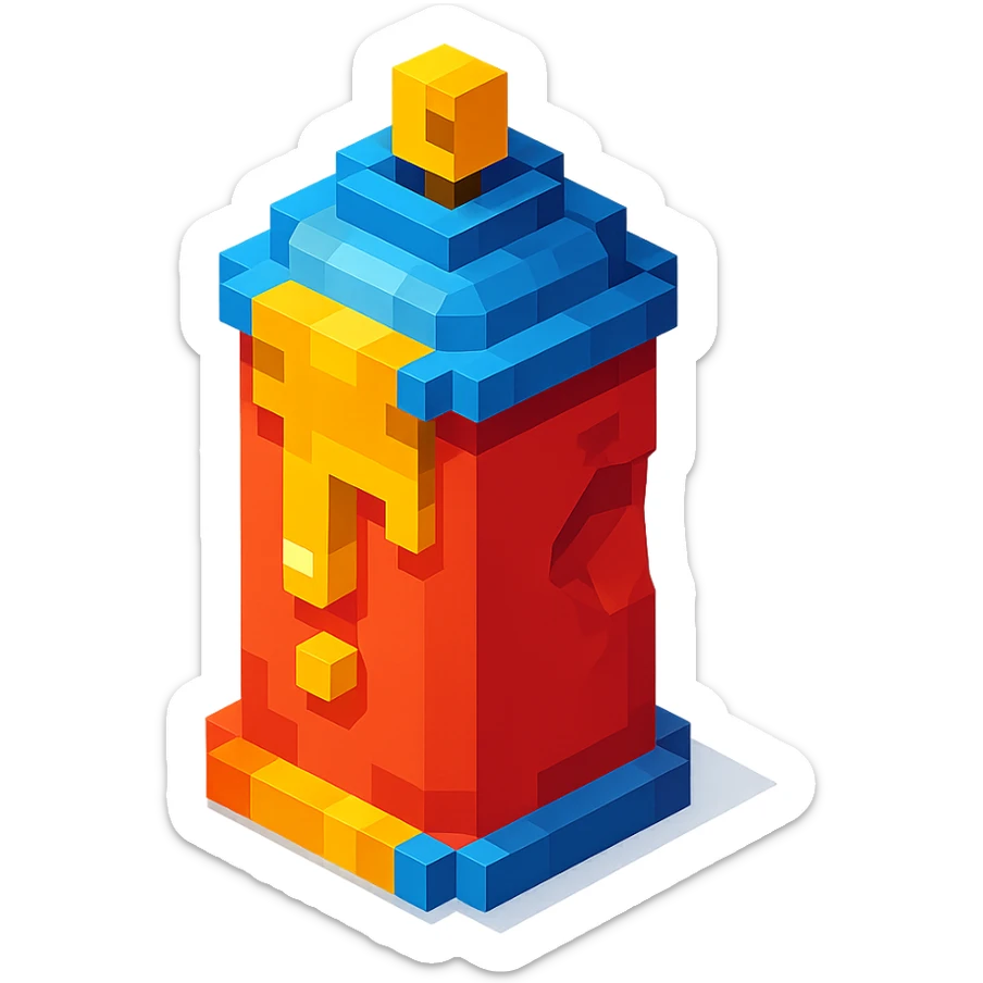 voxel style spray paint can with gold paint, dented and used, isometric view sticker