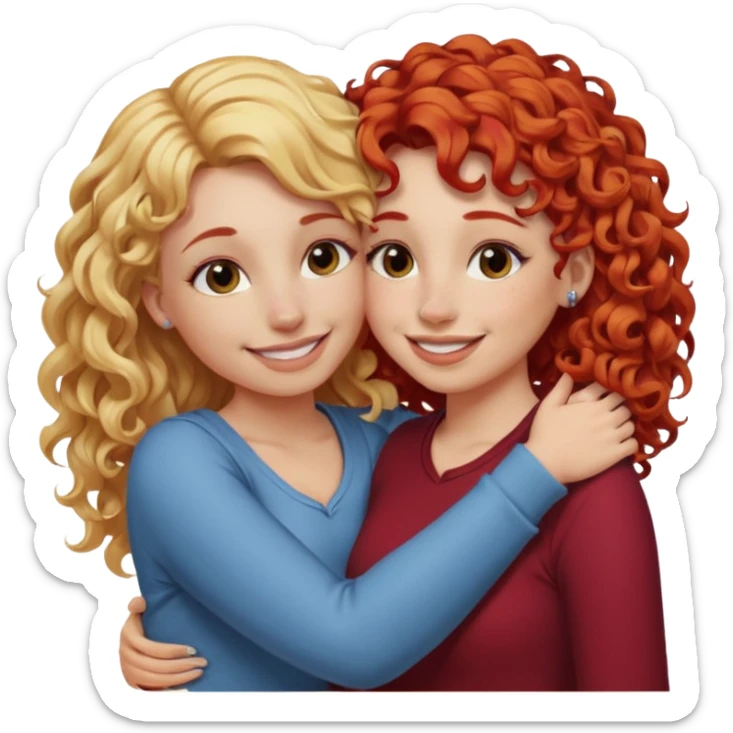 A woman with pencil straight, blonde hair and a nose piercing and a woman with curly red hair and a nose piercing are hugging and smiling together. sticker
