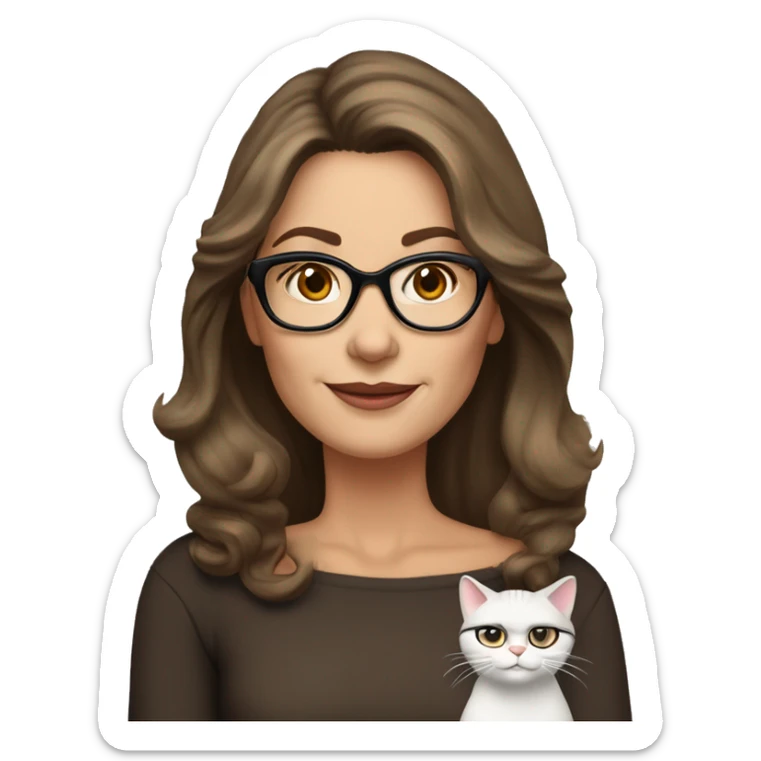 50 years old girl
long brown hair with volume styling
light skin
glasses with refined frame
Brown eyes with cat eye liner sticker
