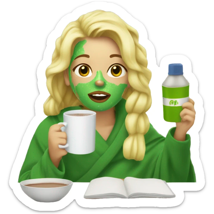 A girl with blonde hair with a green face scrub rapped in a towel drinking hot cocoa sticker