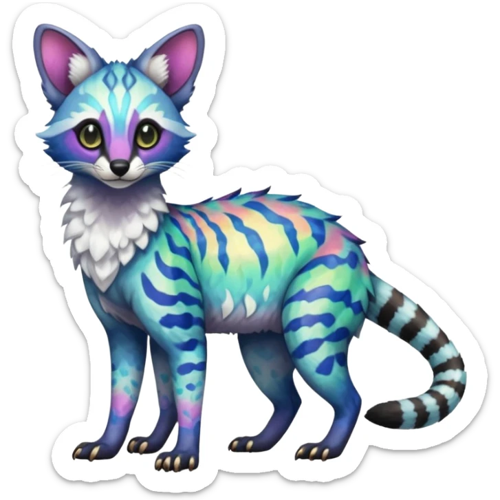 Rare iridescent white exotic epic aesthetic colorful Trico-Genet-species-Fakemon-hybrid-creature, with intricate tattoo markings, full body sticker