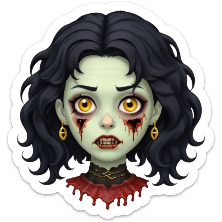 Create a zombie woman with voluminous wavy hair and a gold nose piercing. sticker