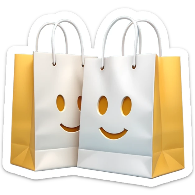 A 3D emoji of two white paper shopping bags, one large and one small, standing next to each other. Soft studio lighting, smooth 3D rendering, claymorphism style, minimalist design, cute, high resolution, isolated on a white background. sticker
