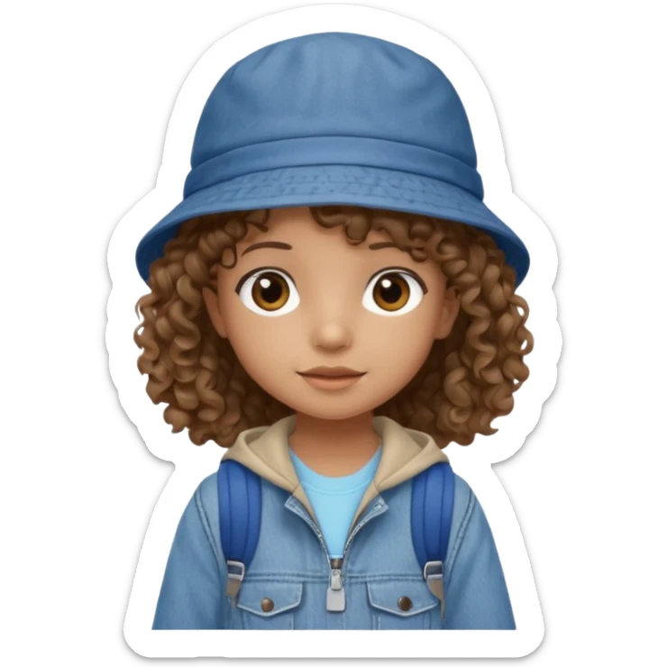 A little girl student curly brown hair, with jean bucket hat, beige jacket, blue backpack sticker