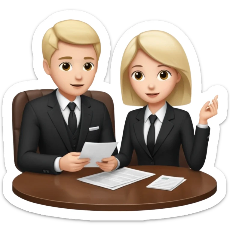 man in formal suit talking to woman in formal suit, they sit, papers in hands on the table sticker