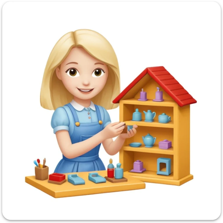 smiling girl arranging furniture in doll house sticker