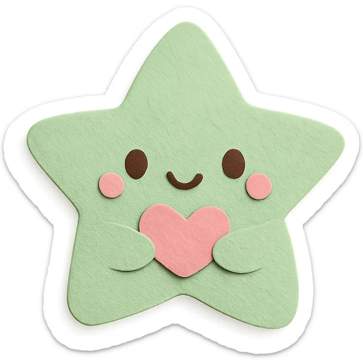 An adorable pastel green star holding a tiny pastel heart, no arms or legs, full body, transparent background, in kawaii paper craft style. sticker