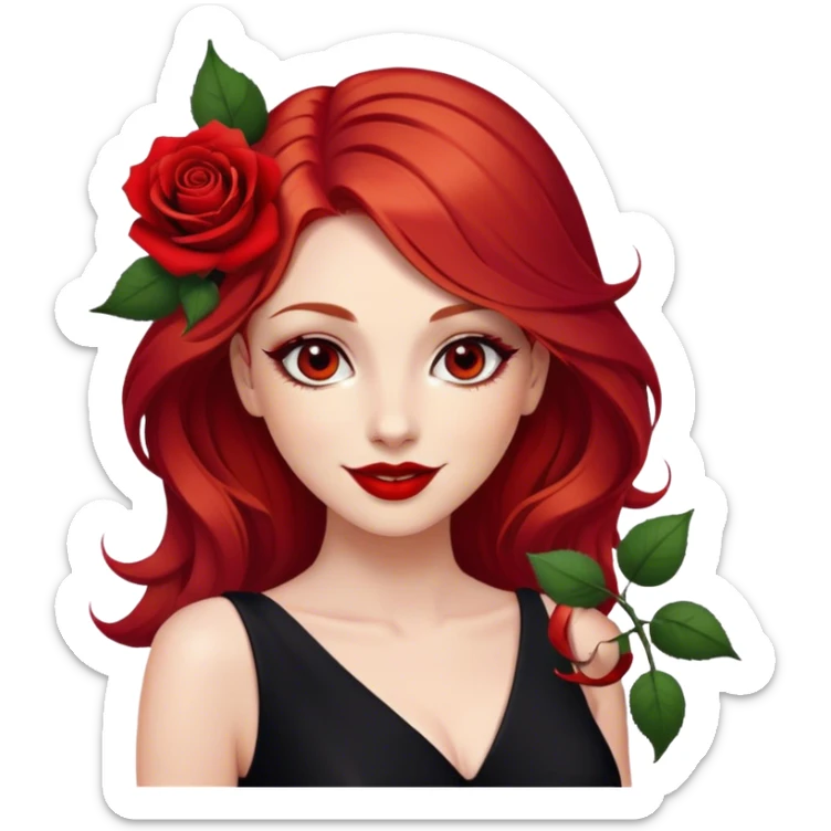 a beautiful angry woman with red hair and red eyes. The woman wear a black little cutted dress. She have red lipstick and she have a seductive look and smile. She have a rose flower in her hair sticker