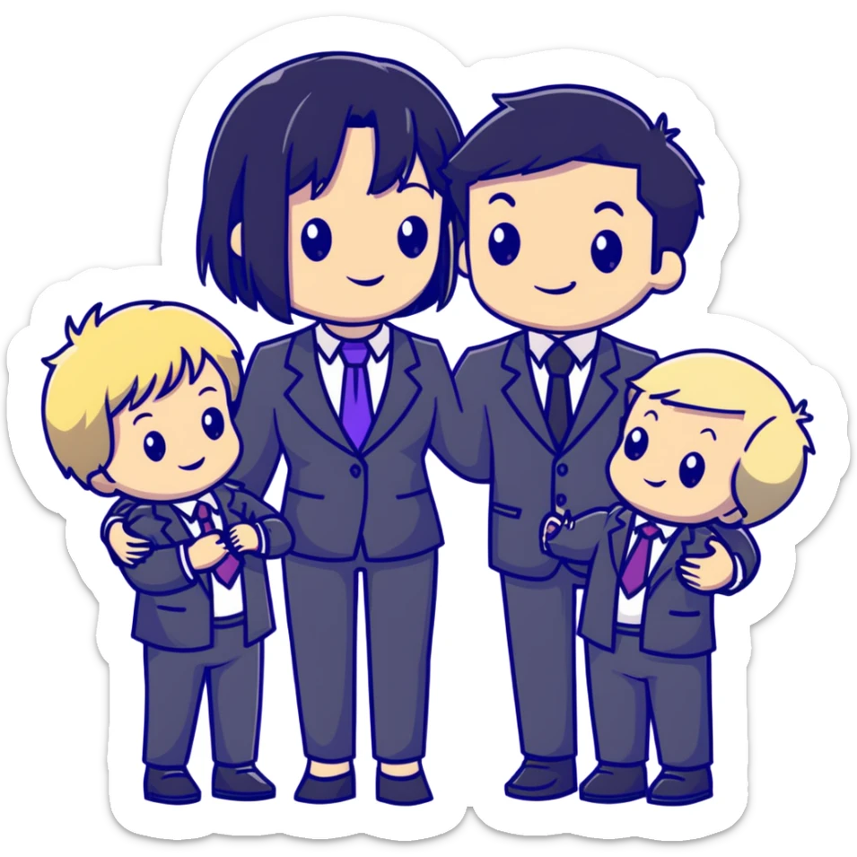 The Parr family from Incredibles in civilian clothes - Bob in business suit, Helen in casual clothes, Violet teen with black hair, Dash blonde boy, baby Jack-Jack sticker