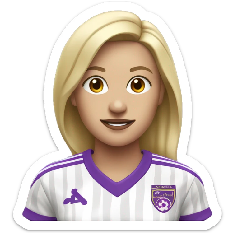 a blonde woman in white soccer jersey with purple pinstripes sticker