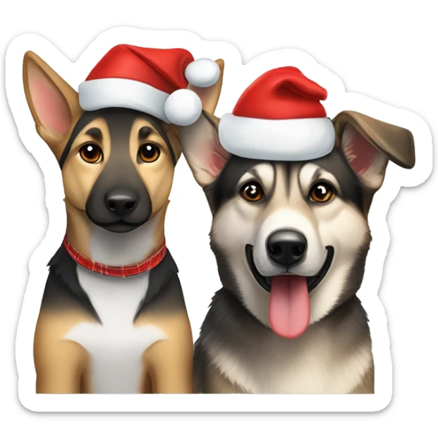 German Shepard beside mini husky wearing flannel shirts and Santa hats sticker