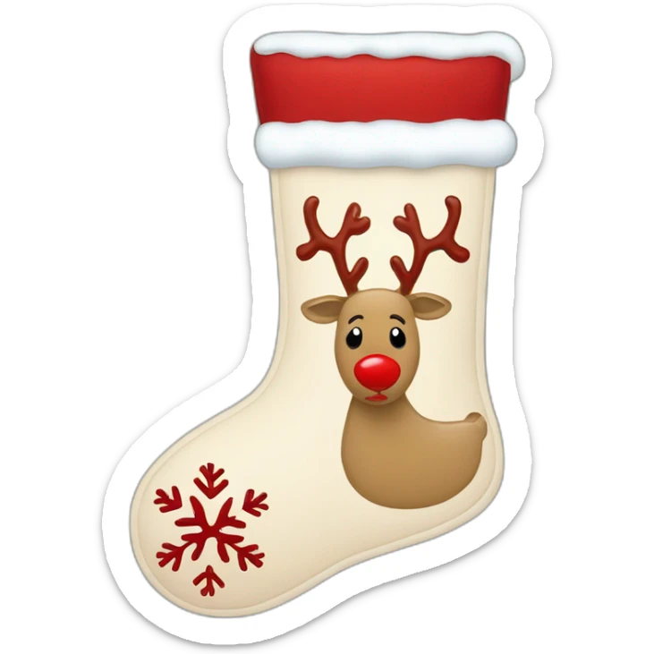 A beige Christmas stocking with red snowflakes and a reindeer drawn on it. The reindeer has a red nose. sticker